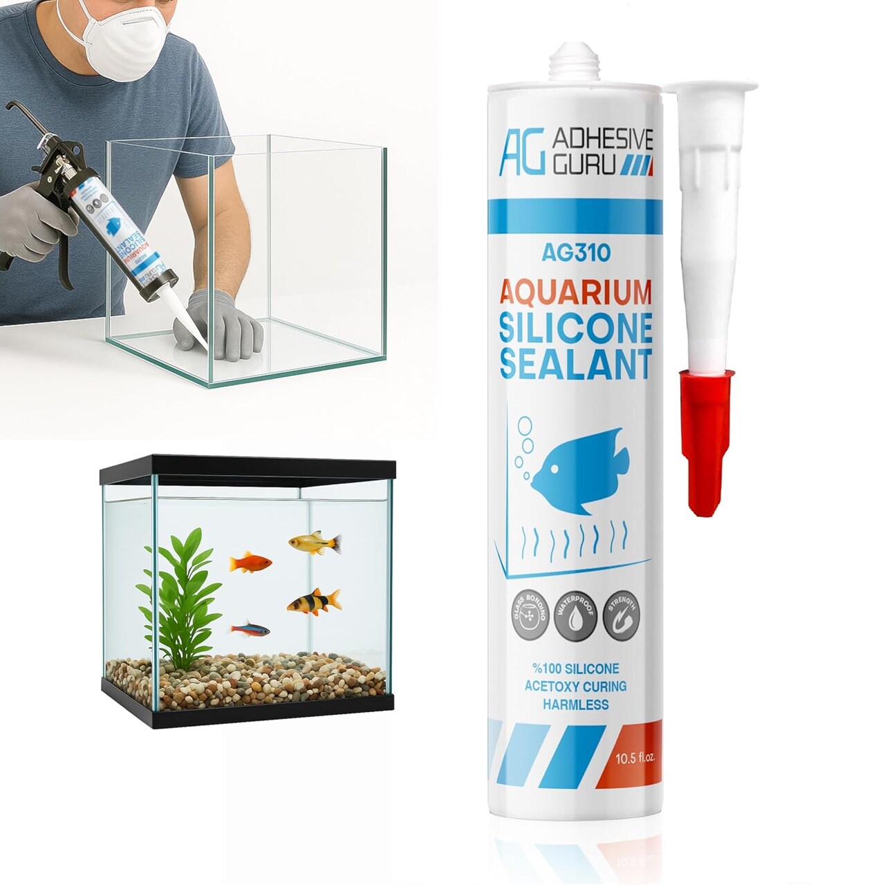ADHESIVE GURU AG310 Clear Silicone Sealant for Aquariums – Fish-Safe, 100% Waterproof Bond
